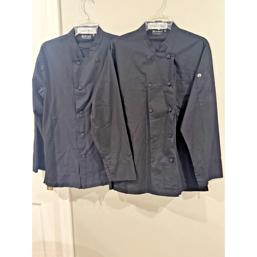 Lot of 2 Chef Works Jacket Mens Med Black Long Sleeve Double Breasted Coat Mesh